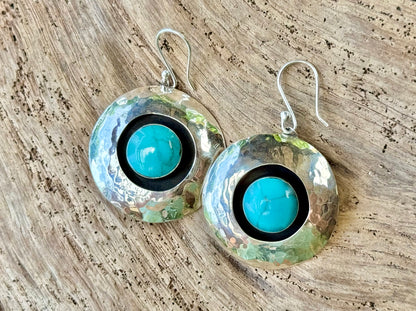 Sterling Silver Hammered Round Turquoise Earrings