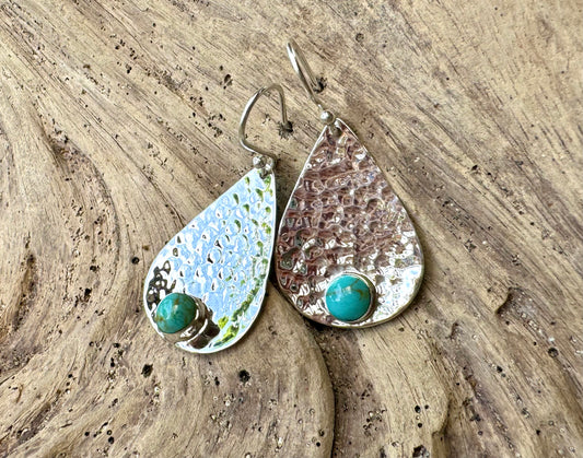 Sterling Silver Hammered Tear Drop Turquoise Earrings