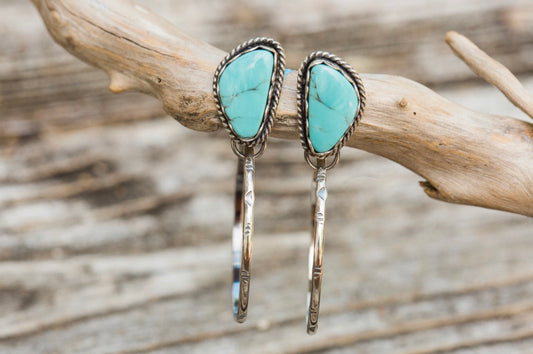 Kingman Turquoise Hand Stamped Sterling Silver Hoop Earrings