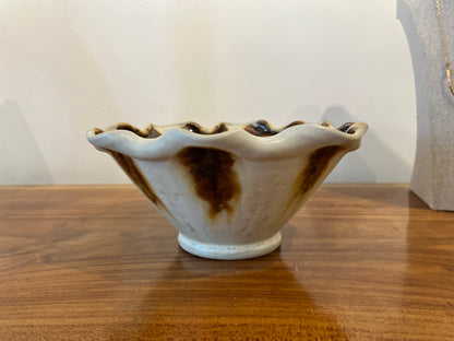 Brown and White Fluted Pottery Bowl