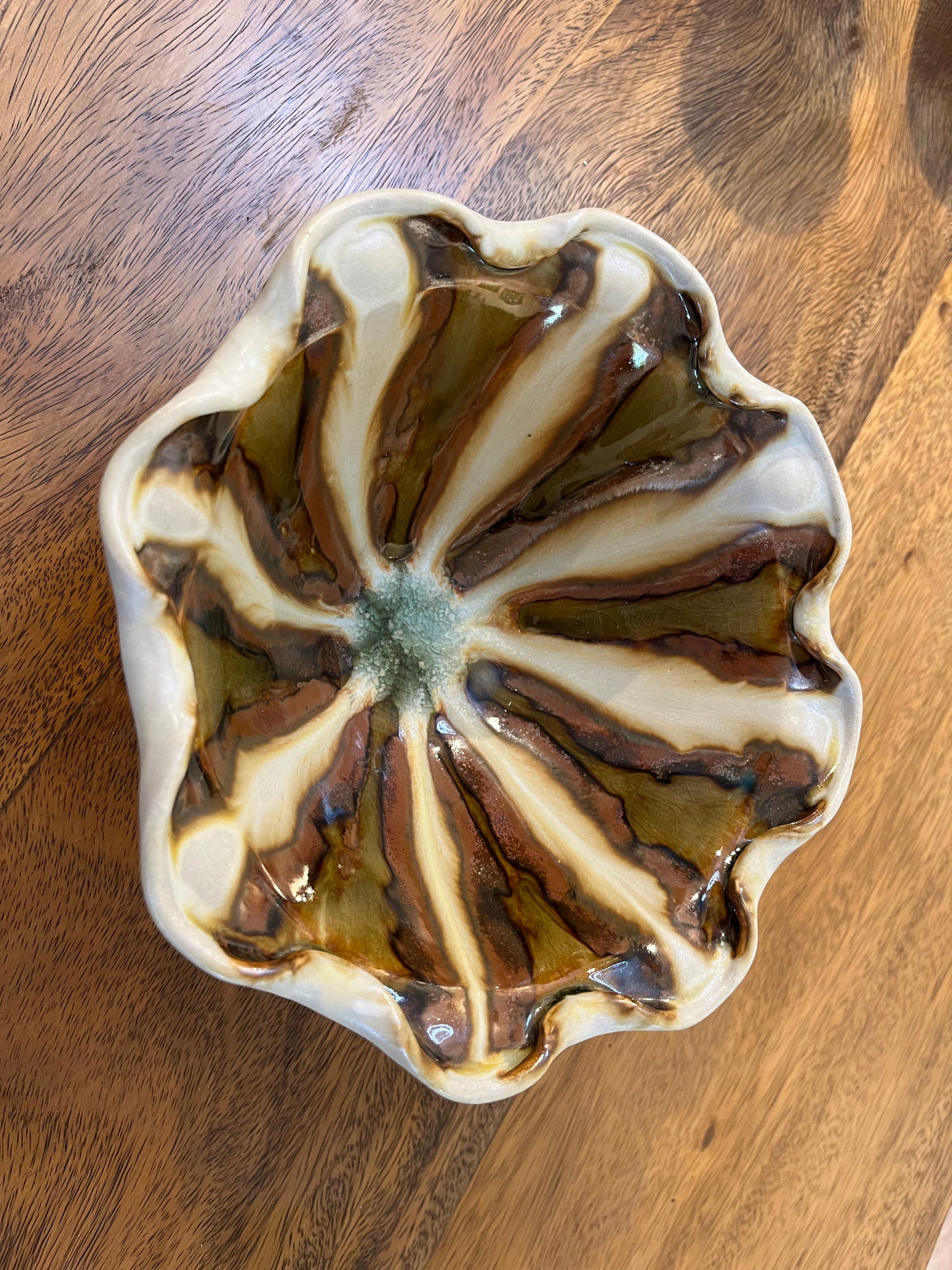 Brown and White Fluted Pottery Bowl